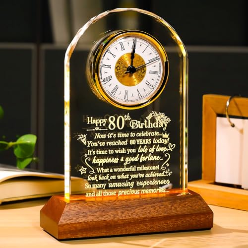 80th Birthday Glass Desk Clock with LED Wooden Light Base