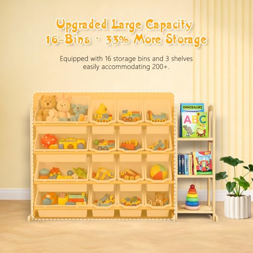 Kids Toy Storage Organizer with 16 Bins & 3 Shelves - Wooden Playroom Rack