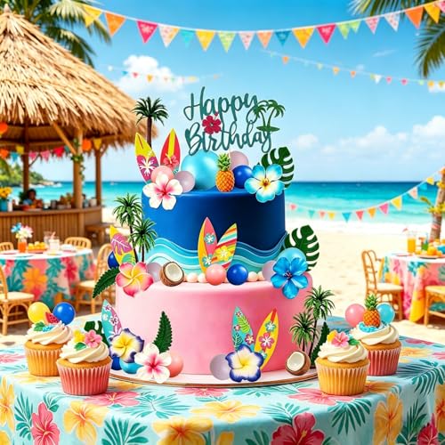 49-Piece Hawaiian Cake Topper Set, Summer Beach Party Cake Decorations