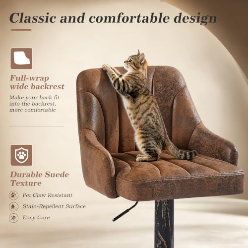 Adjustable Swivel Bar Stools with Back and Arms, Set of 2, Brown PU Leather