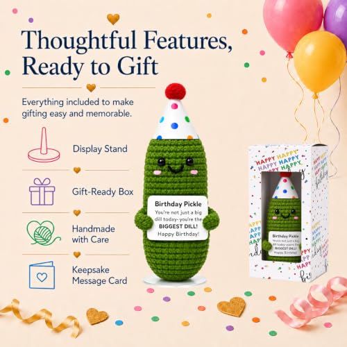Handmade Crochet Birthday Pickle Plush with Gift Box and Display Stand