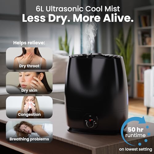 6L Cool Mist Humidifier for Large Room and Bedroom, 50-Hour Runtime