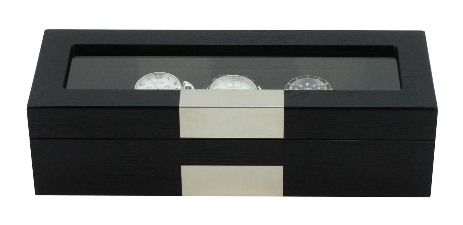 TIMELYBUYS 5 Ebony Wood Watch Box Display Case Storage Jewelry Organizer with Glass Top, Stainless Steel Accents, and Oversized Black Pillows