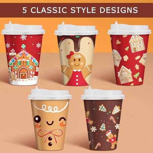 Gerrii Gingerbread Man Style 12oz Christmas Paper Cups with Lids - 100 Pack