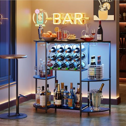 3-Tier Wine Bar Cabinet with Smart LED Lights & Glass Holder - Black