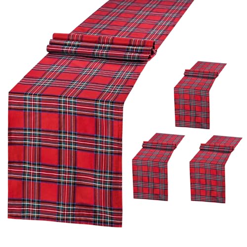 Christmas Table Runner Red Plaid 13x84 Inch - 4 Pack Holiday Decor - DrumaBee