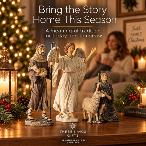 Three Kings Gifts 14-Inch Nativity Add-On Set — 3-Piece Polystone Shepherds & Angel with Sheep