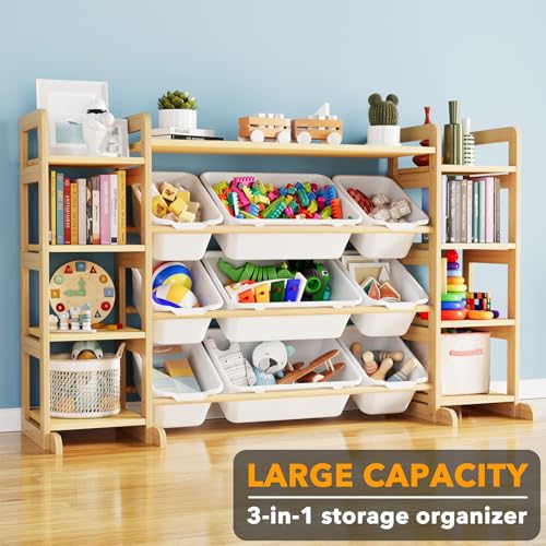 9-Bin Toy Storage Organizer with Wooden Shelving for Kids Playroom