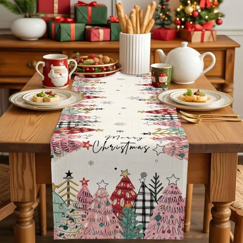 Ueplerts Light Pink Linen Christmas Table Runner 13 x 36 Inches Farmhouse Holiday Decor