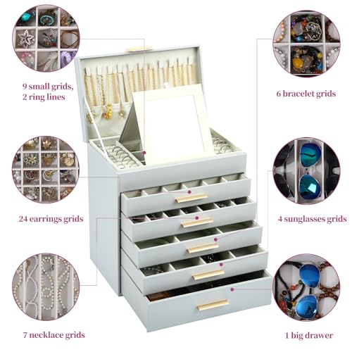 BOOVO 6-Layer Jewelry Box for Women - Grey & Gold, Large Organizer with 6 Layers for Necklaces, Bracelets, Earrings & Rings
