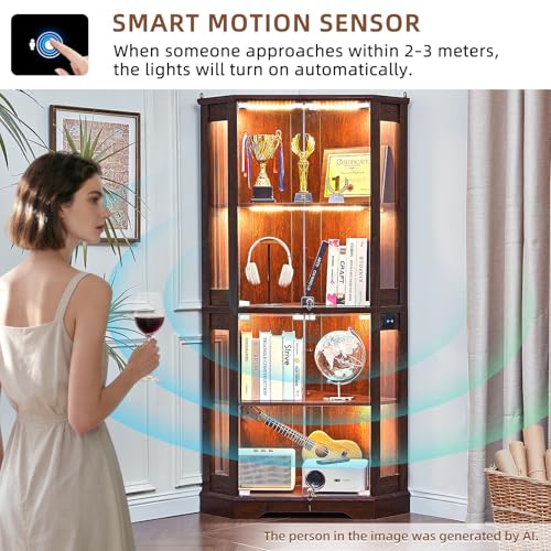 Farmhouse Corner Display Cabinet with Glass Doors and Motion-Sensor LED