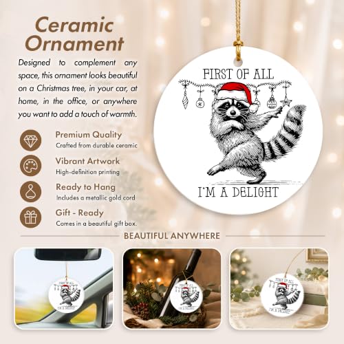 Funny Raccoon Christmas Ornament - Woodland Santa Hat Ceramic Keepsake