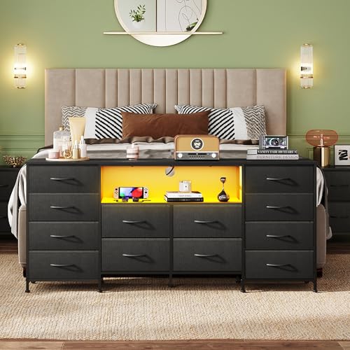 LED TV Stand Dresser with 12 Drawers and Power Outlets for 75-Inch TVs