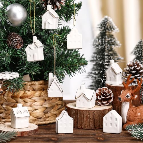 9 Pieces Small White Ceramic Village House Ornaments for Christmas Tree Hanging Decorations with Gold Ropes Mini Xmas Figurines Set Stocking Stuffers Table Centerpieces