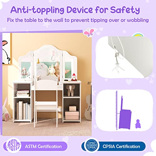 Kids Vanity Set with Mirror, 2-in-1 Wooden Makeup Table and Chair for Girls