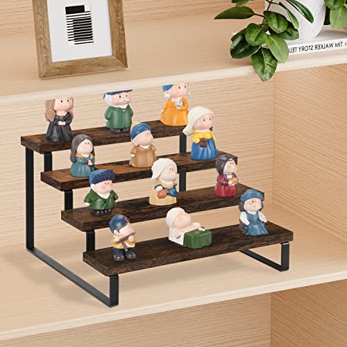 4-Tier Wooden Display Riser Stand, Rustic Countertop Organizer Shelf