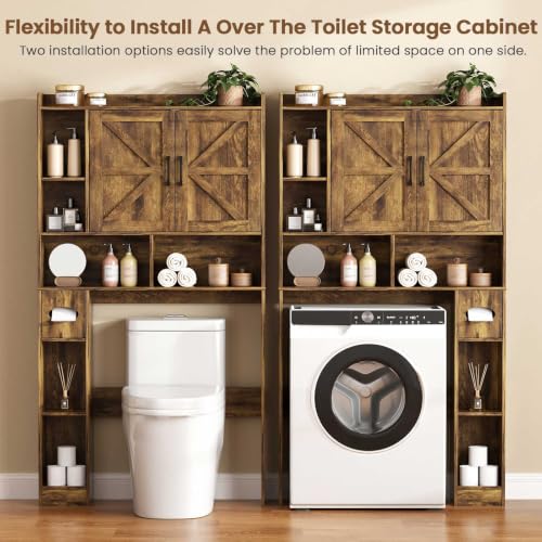 Over The Toilet Storage Cabinet with Barn Doors, Rustic Bathroom Rack