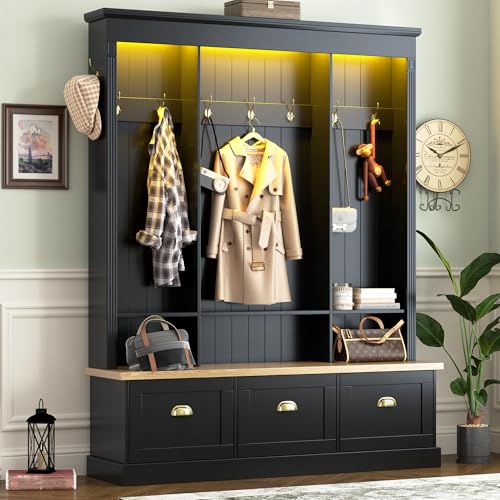 Farmhouse Hall Tree with Storage Bench, LED Lighting & 9 Hooks