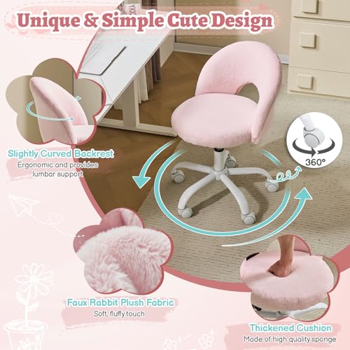 Adjustable Faux Fur Vanity Chair, Swivel Rolling Desk Chair for Makeup