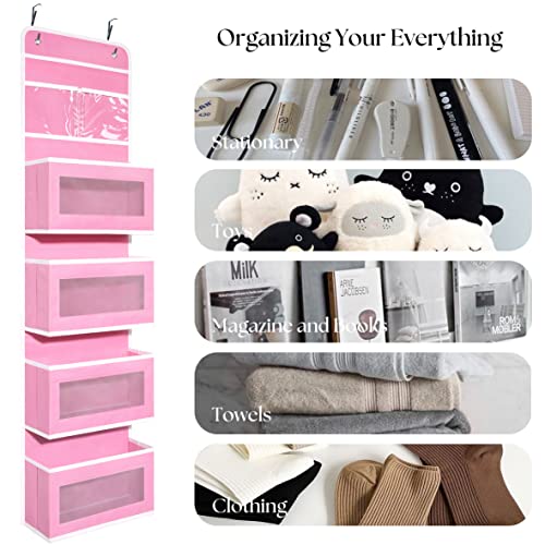Pink Over Door Organizer with 4 Large Clear Pockets Hanging Storage