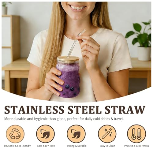 8 oz Ribbed Glass Tumbler Set with Bamboo Lids and Straws - 4 Pack