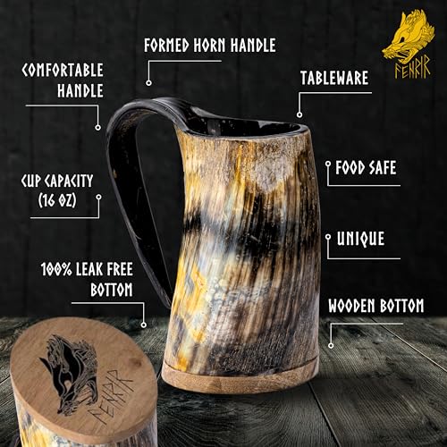 Handmade Viking Drinking Horn Mug Set - 16 oz Ox Horn Cup with Shot Glass