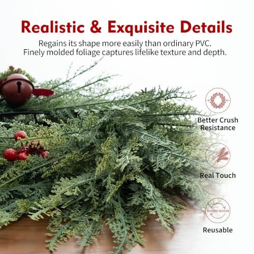 Senjie 24 Inch Real Touch Cedar Wreath for Front Door - Holiday Decor