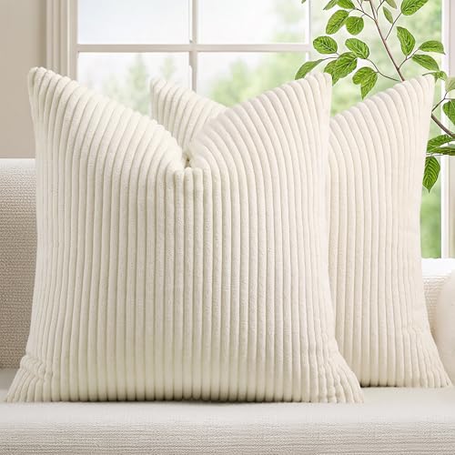 Corduroy Throw Pillow Covers 18x18 Cream White - Set of 2 Soft Striped Cases
