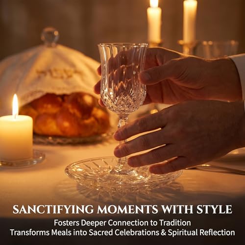 Modern Glass Kiddush Cup Set with Matching Tray - 5.2 oz Wine Goblet