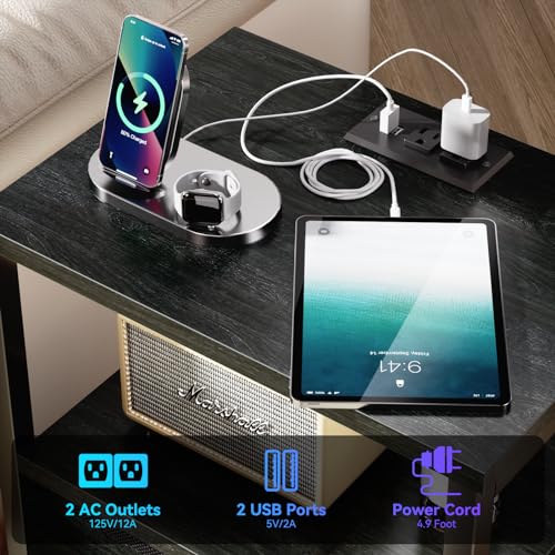 2-Piece Nightstand Set with Charging Station, LED Lights, and Fabric Drawers