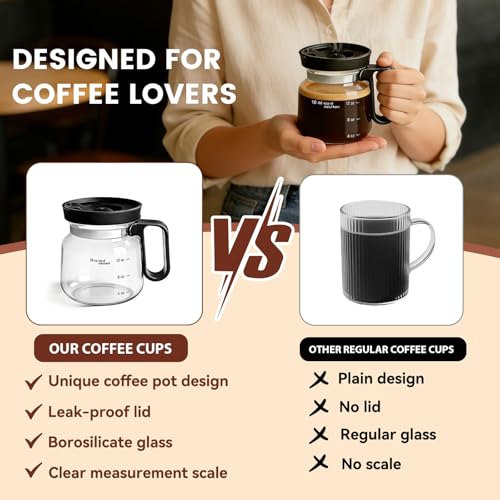 1 Pack Mini Glass Coffee Pot Mug with Spill-Proof Lid - 16oz Heatproof Novelty Drinkware