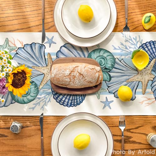 Coastal Sea Shell and Starfish Table Runner, 13x72 Inch Ocean Dining Decor