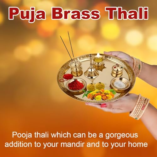 Brass Puja Thali Set - 8.75 Inch Aarti Thali with Diya and Bell for Home Mandir