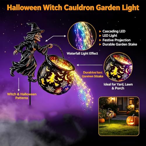 Halloween Flying Witch Cauldron Garden Stake Light with LED Projector