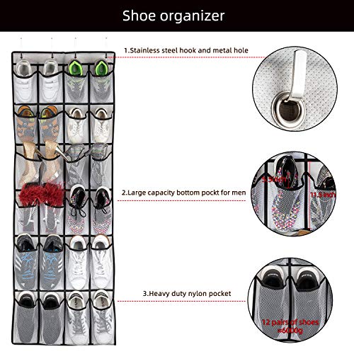 Over the Door Shoe Organizer with 24 Large Mesh Pockets, White Hanging Storage