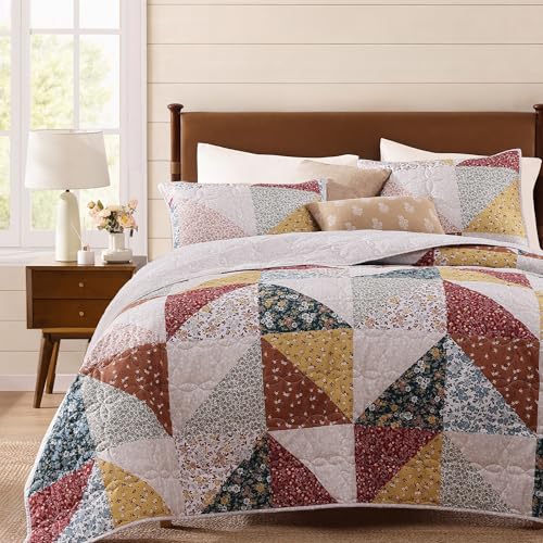 BLOOMHAVEN 3-Piece Queen Patchwork Quilt Set - Lightweight Floral Coverlet