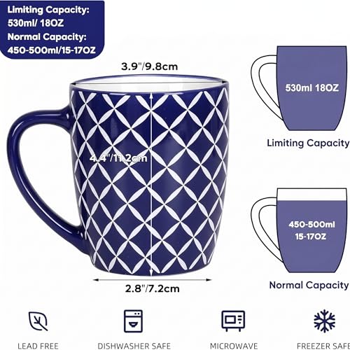 Schliersee 18 OZ Blue Geometric Porcelain Coffee Mug Set of 6 – Large Microwave Safe Drinkware
