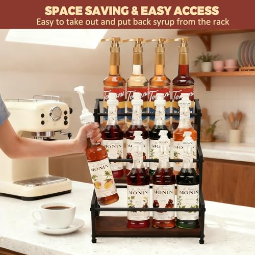 3-Tier Coffee Syrup Rack Organizer - Rustic Countertop Bottle Display Shelf