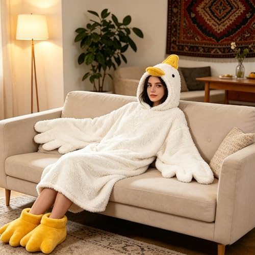 Funny Duck Onesie Pajamas for Kids and Adults with Hood and Slippers