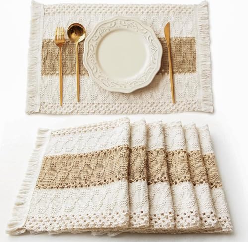 Boho Macrame Placemats Set of 6, Woven Burlap Farmhouse Dining Table Mats