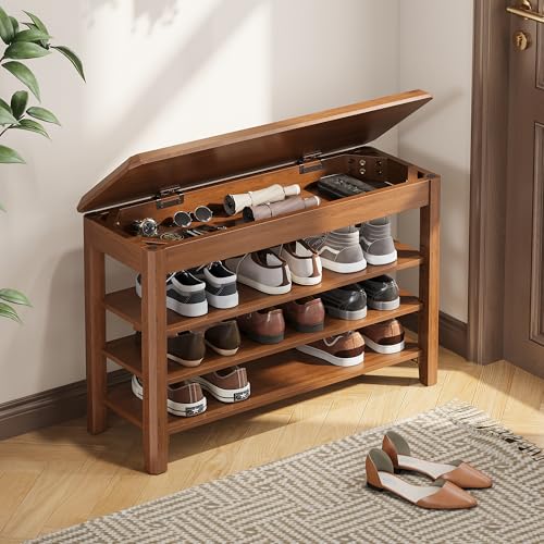 3-Tier Rubberwood Shoe Storage Bench with Flip-Top Hidden Compartment