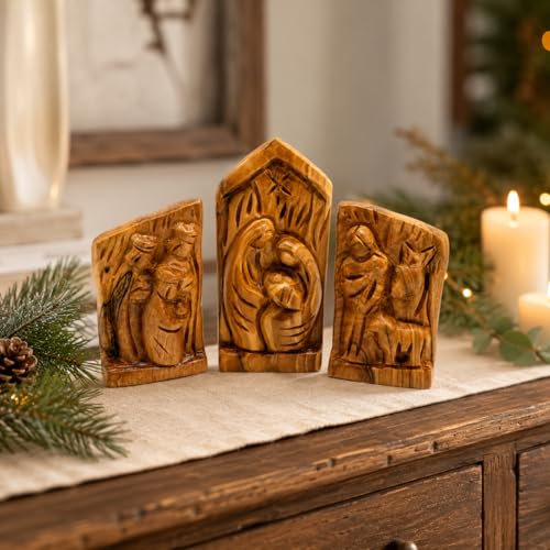 Olive Wood Nativity Set 3 Piece Hand Carved Religious Christmas Decor