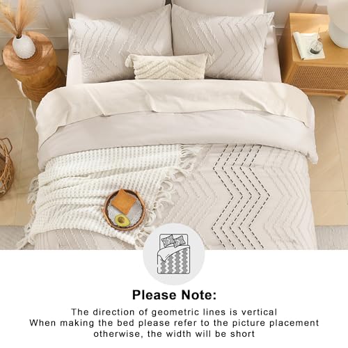 Beige Queen Comforter Set - 3 Piece Soft Boho Tufted Chevron Bedding