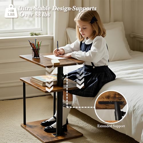 Height Adjustable C-Shaped Swivel End Table with Storage - Rustic Brown