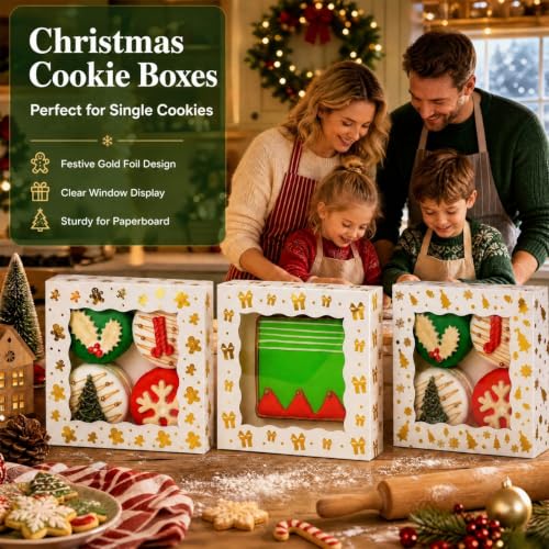 TEMLQPACK White 24 Pack Gold Foil Christmas Cookie Boxes 4.3x4.3x1.2 Inches