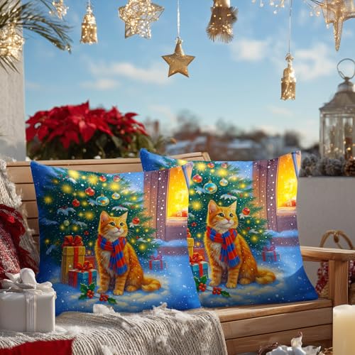 HOMETITUTE Christmas Cat Throw Pillow Covers Set of 2 18x18 Inches - Winter Holiday Decor