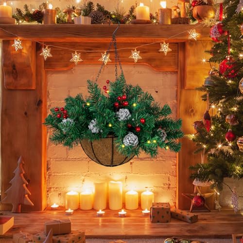 Ciaell 22inch Artificial Christmas Hanging Basket - Green Flocked Xmas Decor with Battery LEDs & Pine Cones