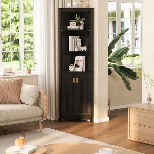 69-Inch Tall Corner Storage Cabinet with Fluted Doors and Shelves
