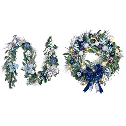 Valery Madelyn 30-Inch Christmas Wreath & 6Ft Garland Set with Lights - Blue & Silver Holiday Decor for Indoor & Outdoor