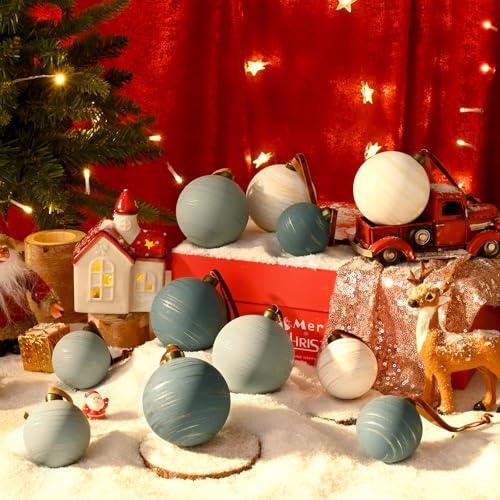 Waipfaru 14Pcs Neutral Textured Christmas Ball Ornaments, 2.36"/3.15", White Gray Dark Blue – Shatterproof, Coastal Winter Twilight